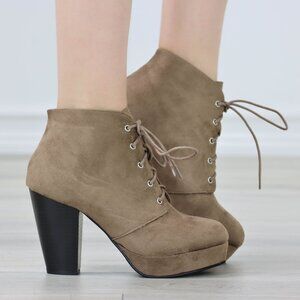 Womens Ankle Boots Lace Up Block Heel Booties Taupe Brown Suede